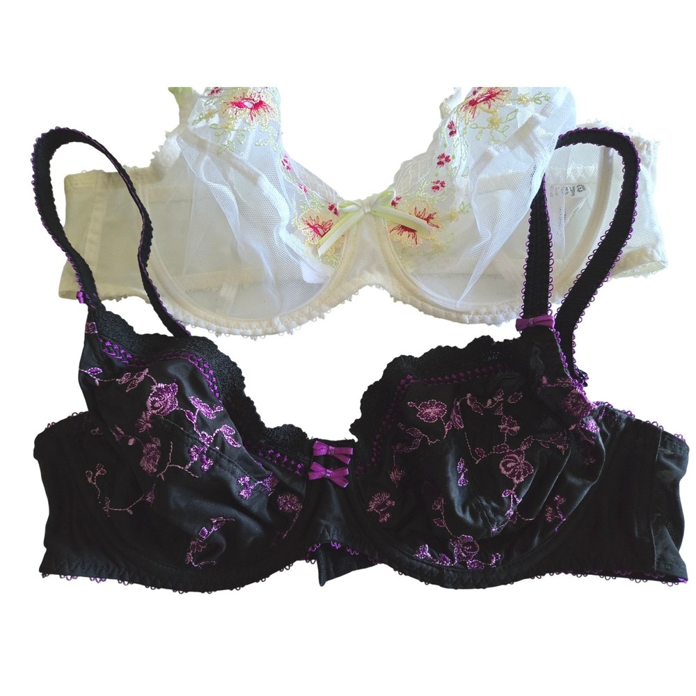 Freya Underwire Bra Set 2 Floral Embroidered Mesh White Black Purple 36D